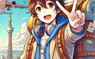 旅行をしている人物のアニメ風イラスト