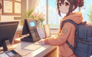 アニメ風の旅行をしている人物がホテルにチェックインしている様子