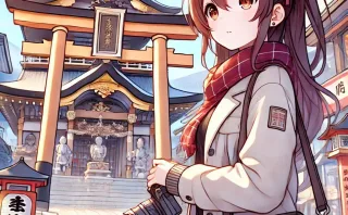 旅行をしている女の子のアニメ風イラスト、現代の日本の神社やランドマークを訪れている様子