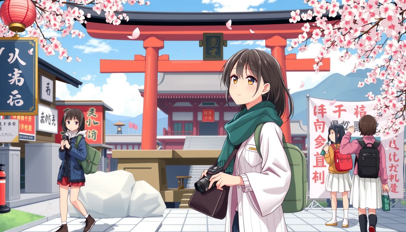 アニメの聖地巡礼をする少女