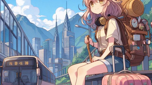 アニメ風の旅行をしている人物のイラスト
