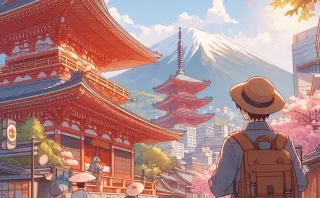 アニメ風の日本で観光をしている人物のイラスト 3