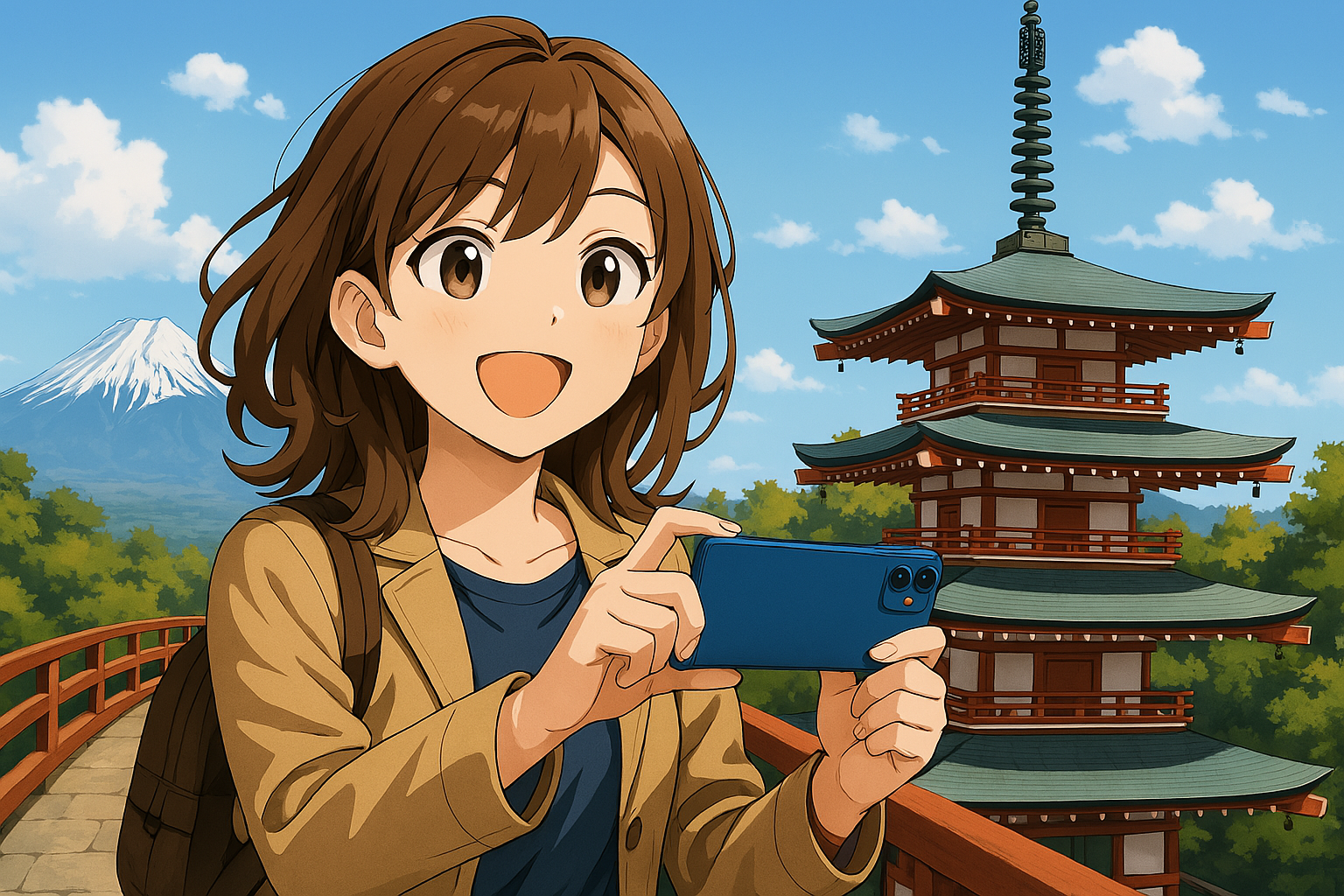 スマートフォンで景色を撮影する女性