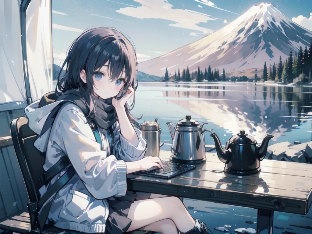 富士山の見える湖の畔でキャンプする少女のイメージ画像