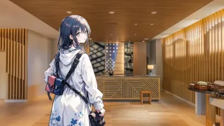 ホテルにチェックインしている少女