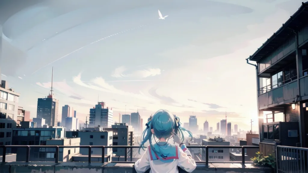 夕方の屋上で黄昏る女子高生【Image generated with SeaArt】