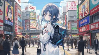 日本の街を旅する少女