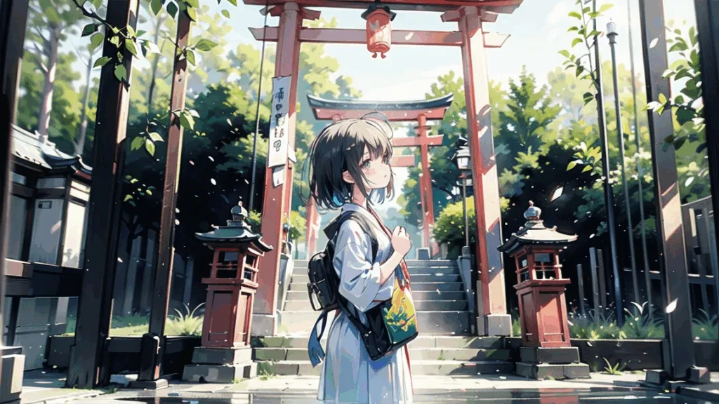 神社に訪れる少女【Image generated with SeaArt】