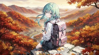 秋の日本を旅する少女