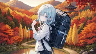 紅葉狩りをする少女